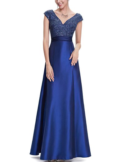 A-line V-neck Satin Ankle-length Beading Prom Dresses #UKM020102045