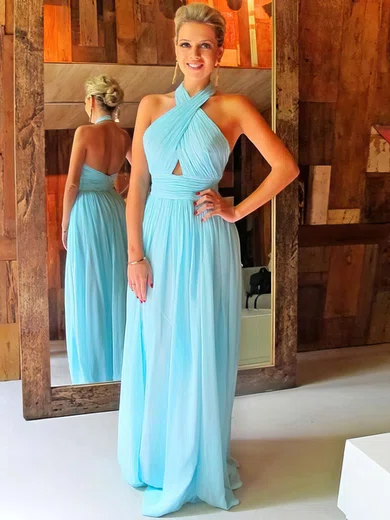 A-line Halter Chiffon Floor-length Ruffles Prom Dresses #UKM020102063