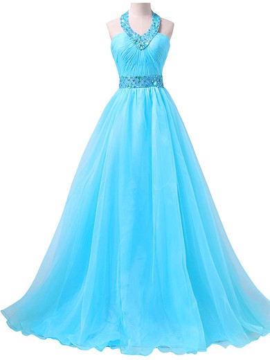 Princess Halter Organza Sweep Train Beading Prom Dresses #UKM020102079