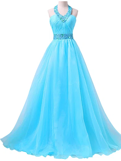 Ball Gown Halter Tulle Prom Dresses With Beading #UKM020102079