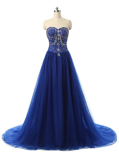 Princess Sweetheart Tulle Court Train Beading Prom Dresses #UKM020102899