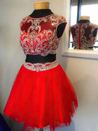 Two Piece A-line Scoop Neck Tulle with Beading Short/Mini Prom Dresses #ZPUKM020102039