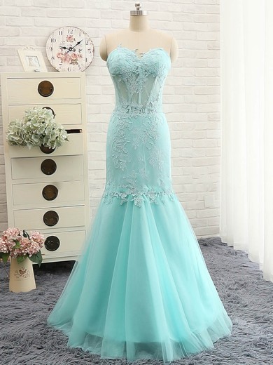 Trumpet/Mermaid Sweetheart Floor-length Tulle Appliques Lace Prom Dresses #UKM020102129