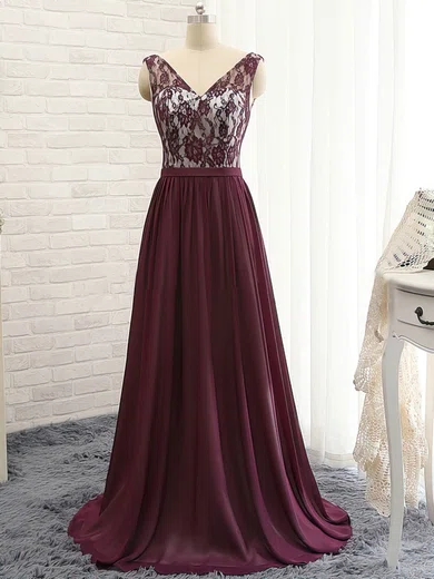 A-line V-neck Chiffon Modest Prom Dresses With Lace #UKM020102133