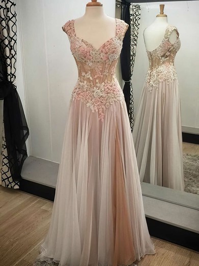 A-line V-neck Tulle Floor-length Appliques Lace Prom Dresses #UKM020102138
