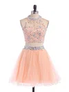 Two Piece Scoop Neck Open Back Tulle Appliques Lace Short/Mini Short Prom Dresses #UKM020102152