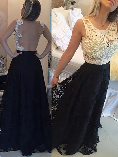 A-line Scoop Neck Lace Floor-length Pearl Detailing Prom Dresses #UKM020102159
