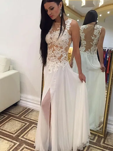 Sheath/Column Scoop Neck Chiffon Floor-length Appliques Lace Prom Dresses #UKM020102166
