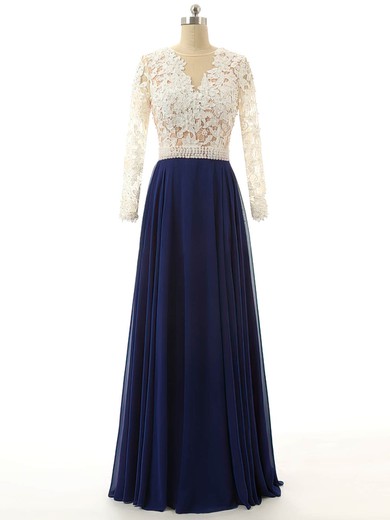 A-line Scoop Neck Chiffon Floor-length Appliques Lace Prom Dresses #UKM020102104