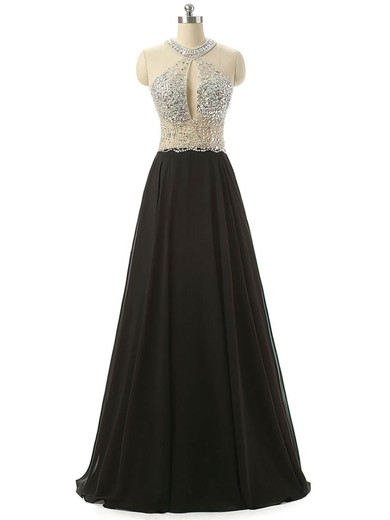 A-line Scoop Neck Chiffon Tulle Floor-length Crystal Detailing Prom Dresses #UKM020102107