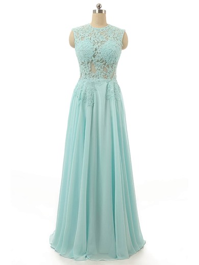 A-line Scoop Neck Chiffon Floor-length Appliques Lace Prom Dresses #UKM020102114