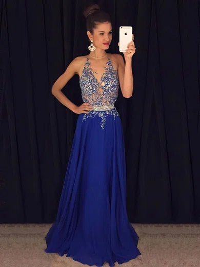 A-line Scoop Neck Chiffon Sweep Train Beading Prom Dresses #UKM020102188