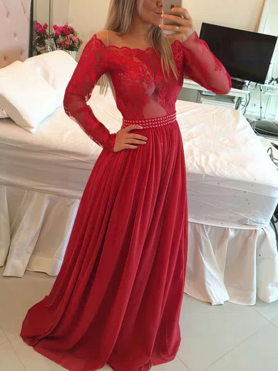 A-line Off-the-shoulder Chiffon Floor-length Appliques Lace Prom Dresses #UKM020102316