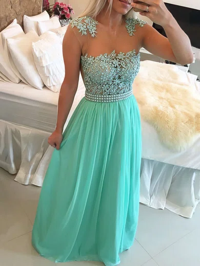 A-line Scoop Neck Chiffon Floor-length Beading Prom Dresses #UKM020102327