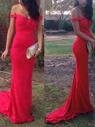 Sheath/Column Off-the-shoulder Silk-like Satin Sweep Train Ruffles Prom Dresses #UKM020102332