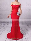 Sheath/Column Off-the-shoulder Silk-like Satin Sweep Train Ruffles Prom Dresses #UKM020102332