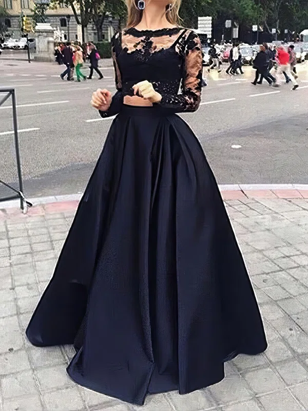 Ball Gown Illusion Lace Satin Long Sleeves Two Piece Prom Dresses #UKM020102335