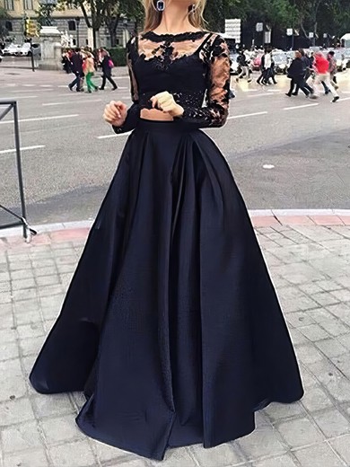 Ball Gown Illusion Lace Satin Long Sleeves Two Piece Prom Dresses #UKM020102335