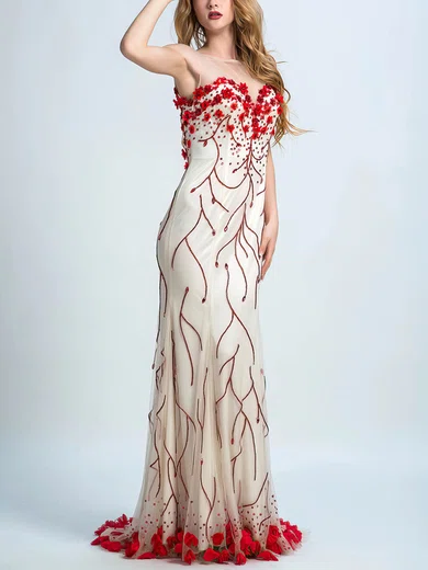 Affordable Tulle Sweep Train with Beading Sheath/Column Prom Dresses #UKM020102251