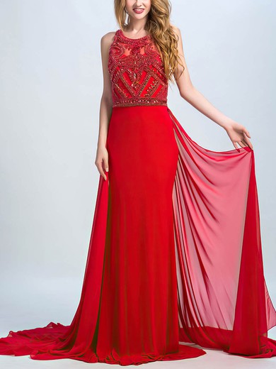 Chiffon Court Train Beading Red Sheath/Column Wholesale Prom Dresses #UKM020102255