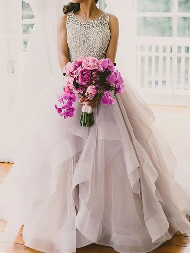 Ball Gown Scoop Neck Tulle Ruffle Tiered Prom Dresses With Beading #UKM020102394