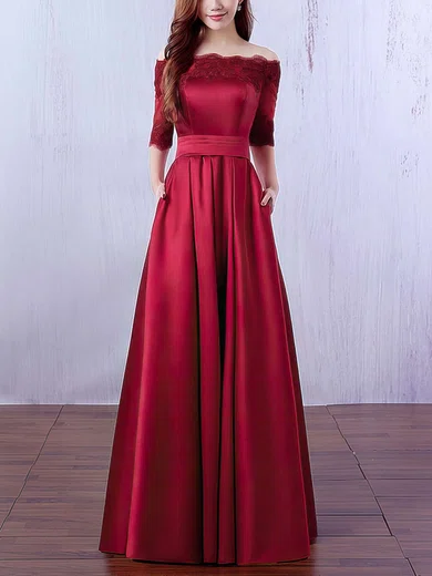 A-line Off-the-shoulder Satin Floor-length Appliques Lace Prom Dresses #UKM020102406