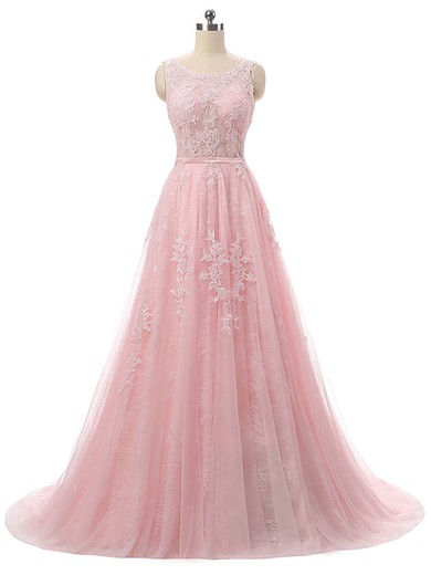 Princess Scoop Neck Sweep Train Lace Tulle Sashes / Ribbons Prom Dresses #UKM020102417