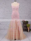 Trumpet/Mermaid V-neck Tulle Floor-length Appliques Lace Prom Dresses #UKM020102421