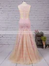 Trumpet/Mermaid V-neck Tulle Floor-length Appliques Lace Prom Dresses #UKM020102421