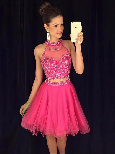 Two Piece A-line High Neck Tulle Short/Mini Beading Online Short Prom Dresses #UKM020102424