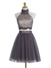 A-line High Neck Tulle Short/Mini Beading Full Back Modest Short Prom Dresses #UKM020102430