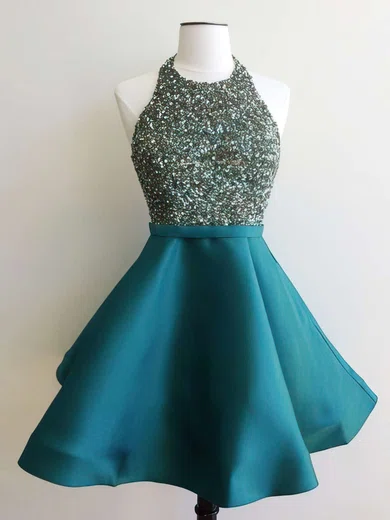 A-line Halter Backless Satin Prom Dresses With Beading #UKM020102519