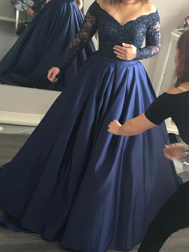 Ball Gown Off-the-shoulder Satin Modest Prom Dresses With Beading #UKM020102895