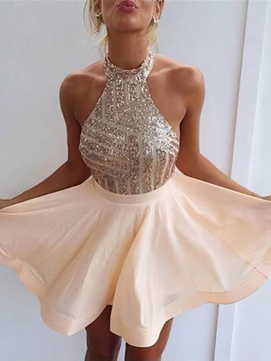 Casual A-line Halter Chiffon Short/Mini Sequins Backless Short Prom Dresses #UKM020102557