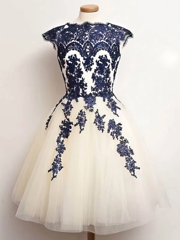 Princess Scalloped Neck Tulle Tea-length Appliques Lace Short Prom Dresses #UKM020102559