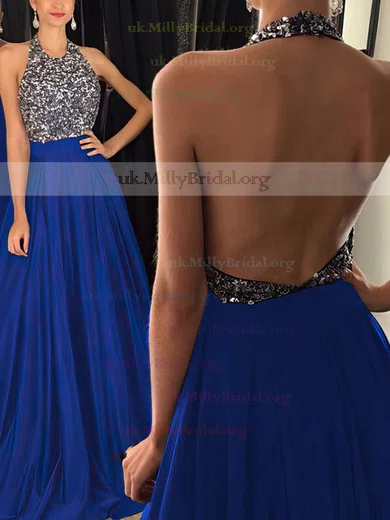 Ball Gown/Princess Sweep Train Halter Satin Beading Prom Dresses