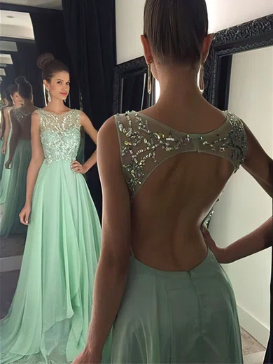 A-line Scoop Neck Chiffon Sweep Train Beading Prom Dresses #UKM020102439