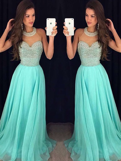 A-line Scoop Neck Chiffon Sweep Train Crystal Detailing Prom Dresses #UKM020102441
