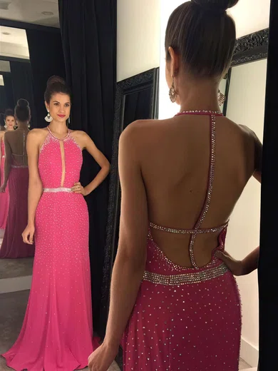 Sheath/Column Scoop Neck Chiffon Sweep Train Beading Prom Dresses #UKM020102444