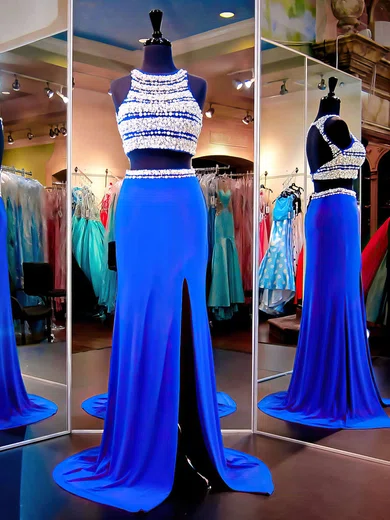 Sheath/Column Scoop Neck Jersey Two Piece Prom Dresses With Beading #UKM020102481