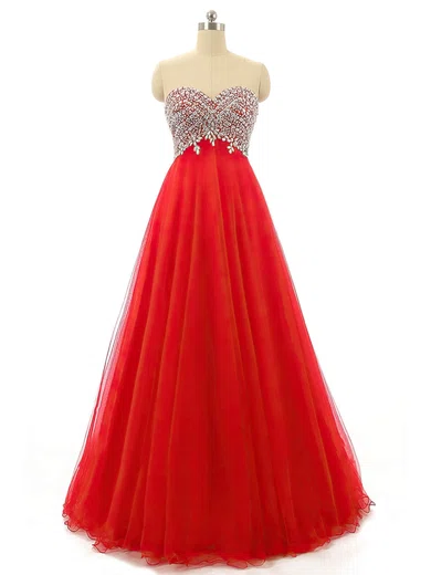 Ball Gown Strapless Floor-length Tulle Prom Dresses With Beading #UKM020102886