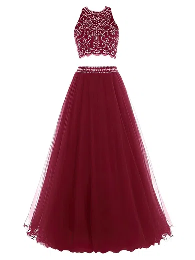 Ball Gown Halter Tulle Two Piece Prom Dresses With Beading #UKM020102588