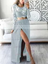 A-line Scoop Neck Lace Chiffon Ankle-length Split Front Prom Dresses #UKM020102597
