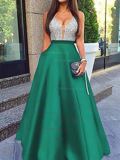 Princess V neck Satin Floor length Beading Prom Dresses