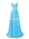 A-line V-neck Sweep Train Chiffon Appliques Lace Prom Dresses #UKM020102675