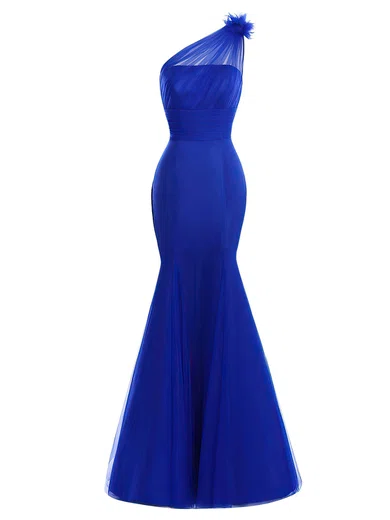 Mermaid One Shoulder Tulle Floor-length Modest Prom Dresses #UKM020102685