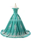 Ball Gown Off-the-shoulder Sweep Train Satin Appliques Lace Prom Dresses #UKM020102721