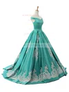 Ball Gown Off-the-shoulder Sweep Train Satin Appliques Lace Prom Dresses #UKM020102721