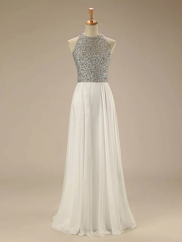 A-line Scoop Neck Floor-length Chiffon Beading Prom Dresses #UKM020102638