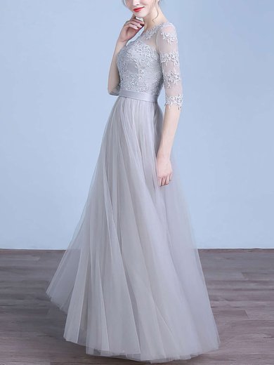 A-line Scoop Neck Tulle Floor-length Appliques Lace Prom Dresses #UKM020102645